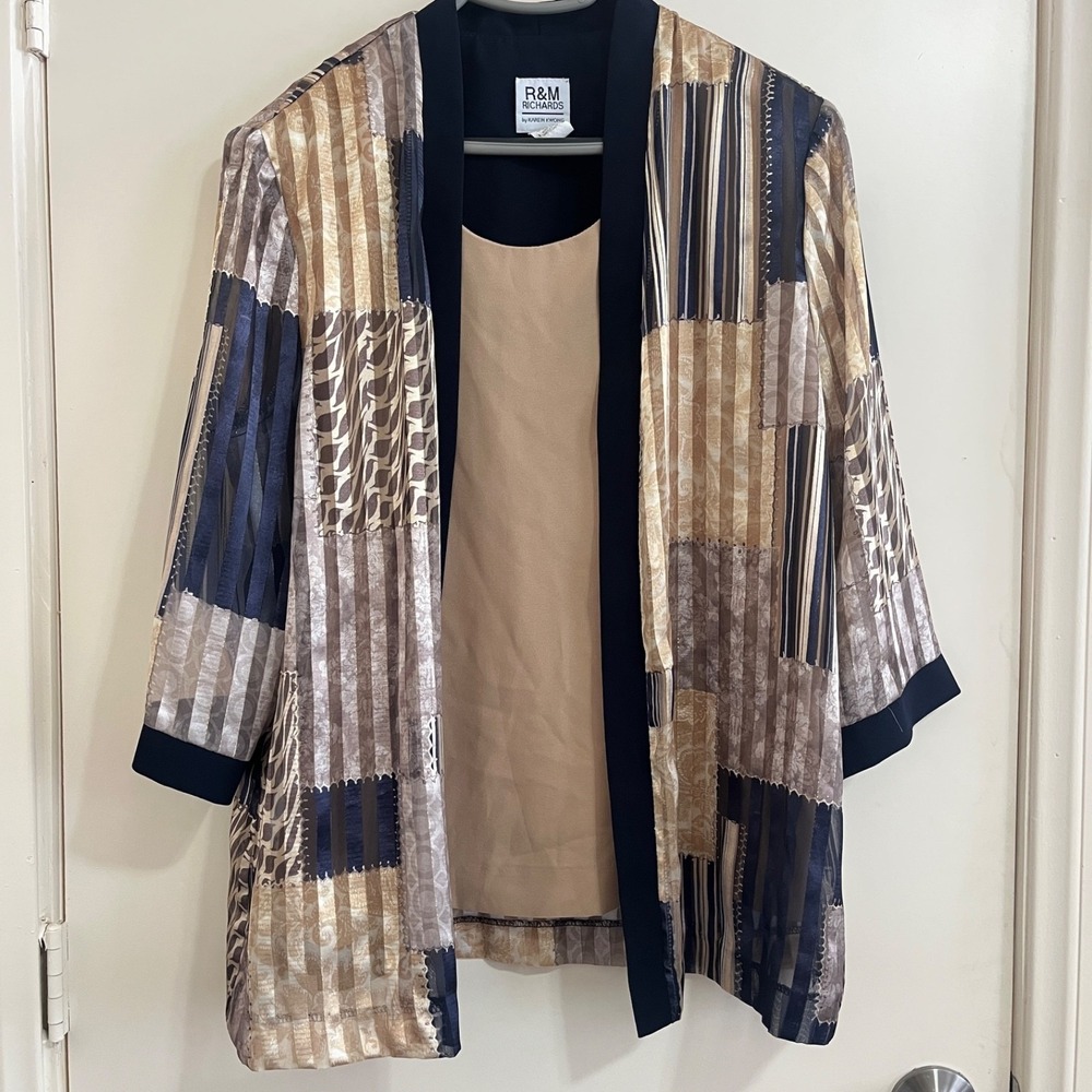 Vintage R&M Richards Womens Sheer Printed Jacket 18 Abstract Metallic Open Front